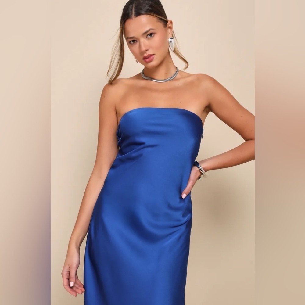 Lulus Effortless Bliss Royal Blue Satin Strapless Cowl Back Midi Dress - Picture 3 of 8